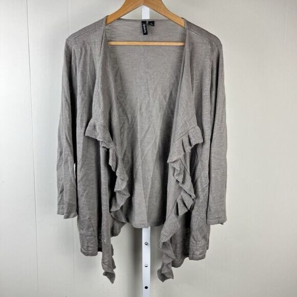 Relativity Cardigan Sweater Gray Open Front Ruffle Ramie‎ Rayon Womens XL - Picture 1 of 5